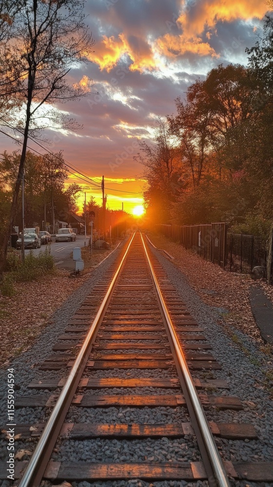 Fototapeta premium Stunning sunset view at a quiet railway station with tracks leading into the horizon