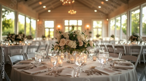 Elegant wedding reception setup with floral centerpiece and soft lighting in ...