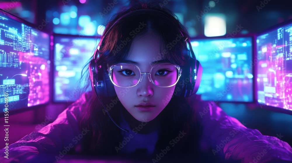 Female gamer immersed in gaming setup with neon lights and multiple screens Female gamer immersed in gaming setup with neon lights and multiple screens