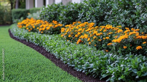 Colorful flower garden with lush green grass and manicured edges in bright su...
