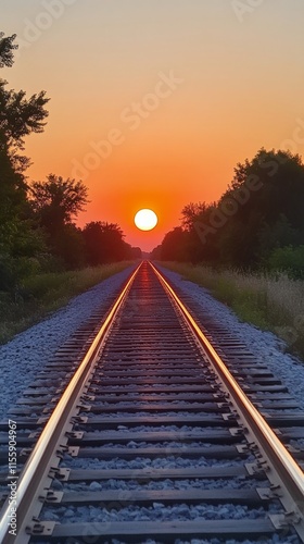 Stunning sunset view at a quiet railway station with tracks leading into the ...