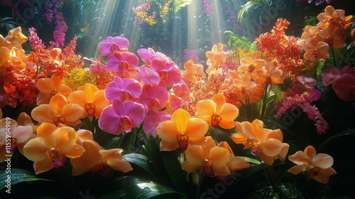 Colorful orchids bloom in a vibrant tropical garden with sunlight streaming t...