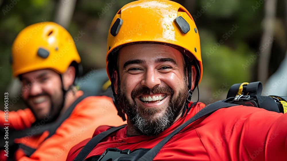 Smiling White Water Rafter in Yellow Helmet and Red Shirt Smiling White Water Rafter in Yellow Helmet and Red Shirt