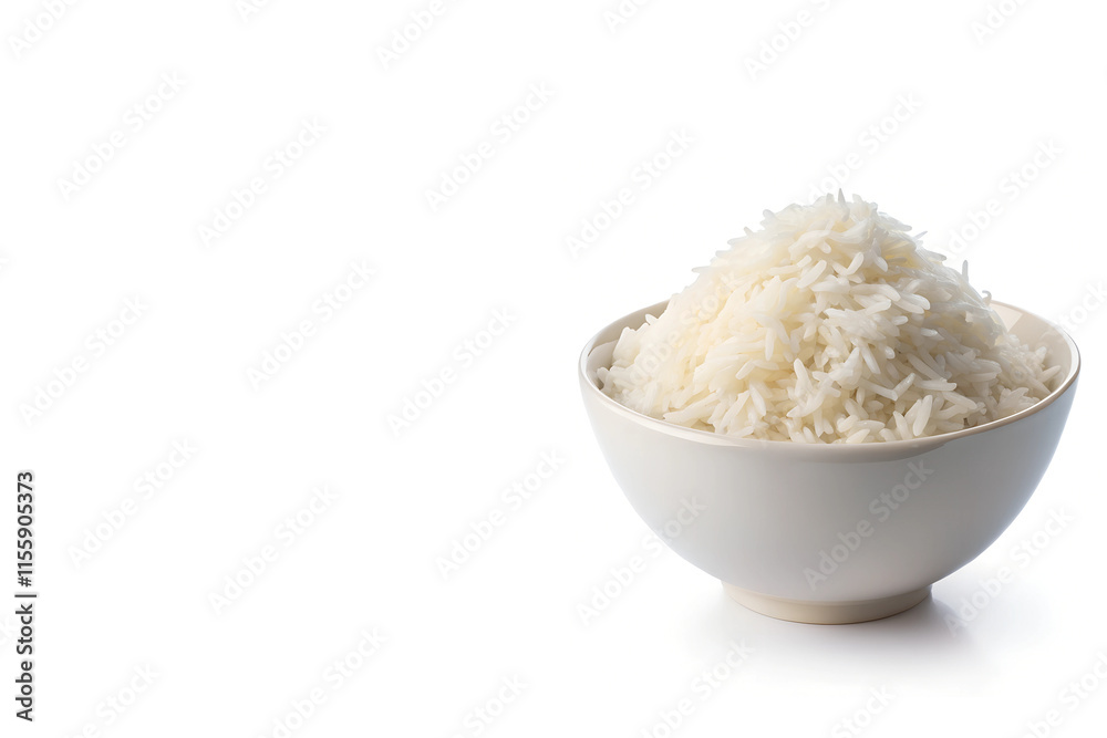 Steaming White Rice in Ceramic Bowl on Right Side of White Background with Copy Space – Fluffy and Perfectly Cooked Grains Steaming White Rice in Ceramic Bowl on Right Side of White Background with Copy Space – Fluffy and Perfectly Cooked Grains