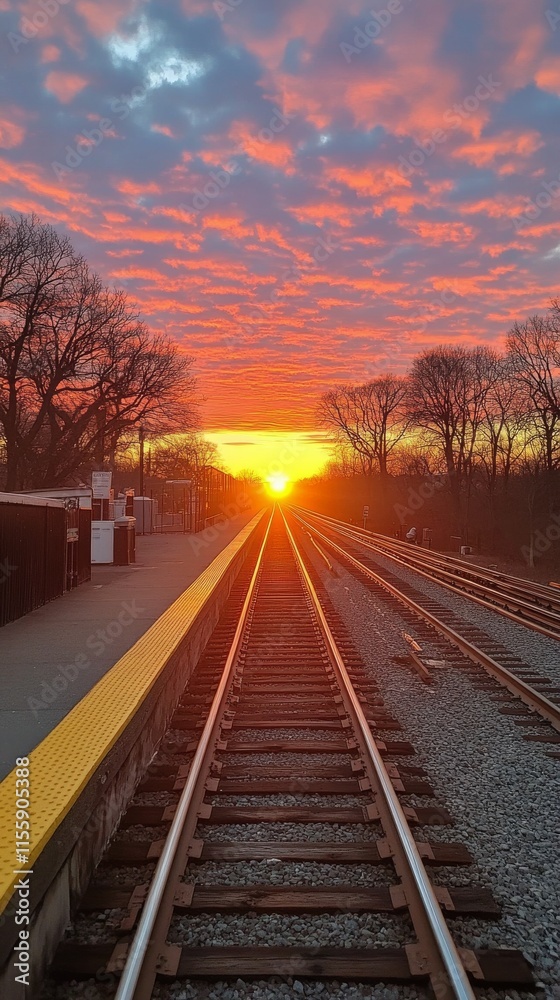 Fototapeta premium Stunning sunset view at a quiet railway station with tracks leading into the horizon