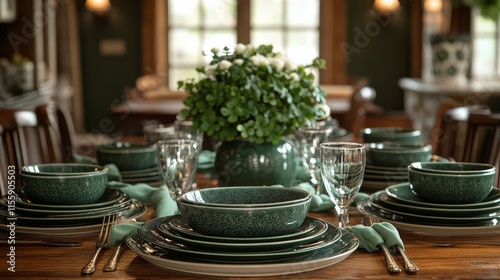 Elegant dining setup with green tableware in a cozy indoor setting during day...