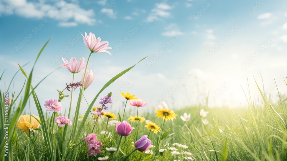 Beautiful spring flowers on green meadow with blue sky background. Beautiful spring flowers on green meadow with blue sky background.
