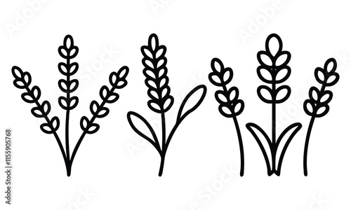 Minimalist Lavender Outline Vector Set, A vector set featuring four minimalist lavender designs in black outlines, showcasing simple stems and buds in an elegant style.
