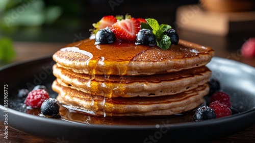 Fluffy pancakes topped with berries and syrup served on a dark plate