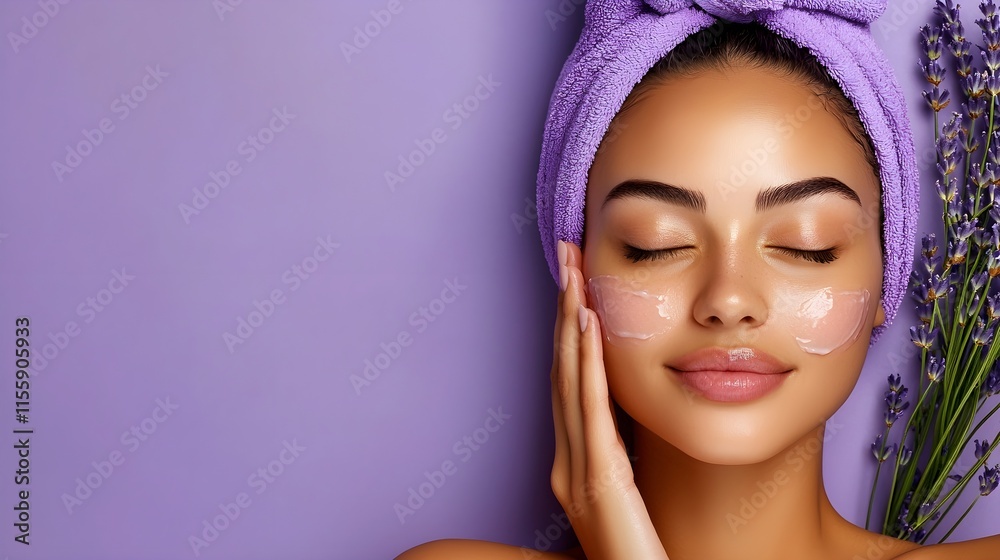 Relaxing Woman with Skincare Mask and Lavender on Purple Background Relaxing Woman with Skincare Mask and Lavender on Purple Background
