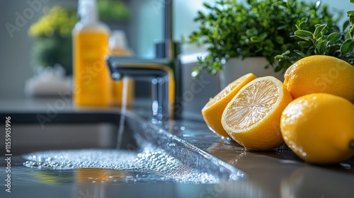 Fresh lemons and flowing water at a modern kitchen sink with greenery