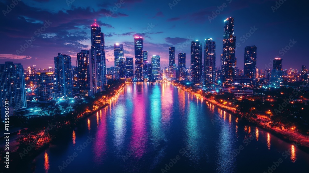 Houston skyline illuminated at dusk with glowing city lights and vibrant colors Houston skyline illuminated at dusk with glowing city lights and vibrant colors