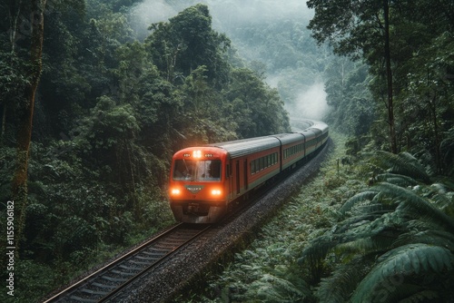 Train journey through lush forest landscape in misty mountains
