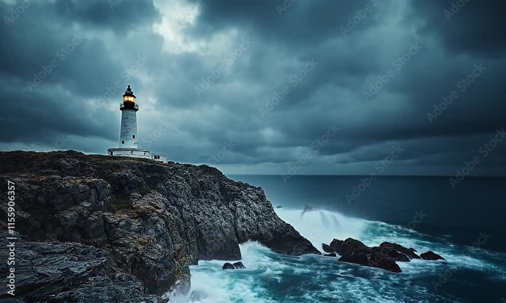 Lonely lighthouse on a rocky cliff with stormy sea view and gray cloudy sky