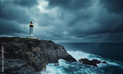 Lonely lighthouse on a rocky cliff with stormy sea view and gray cloudy sky