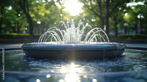 Sunlit park fountain with water splashing. photo