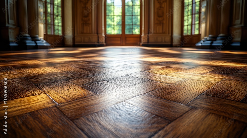 Sunlit parquet floor in grand room. Sunlit parquet floor in grand room.
