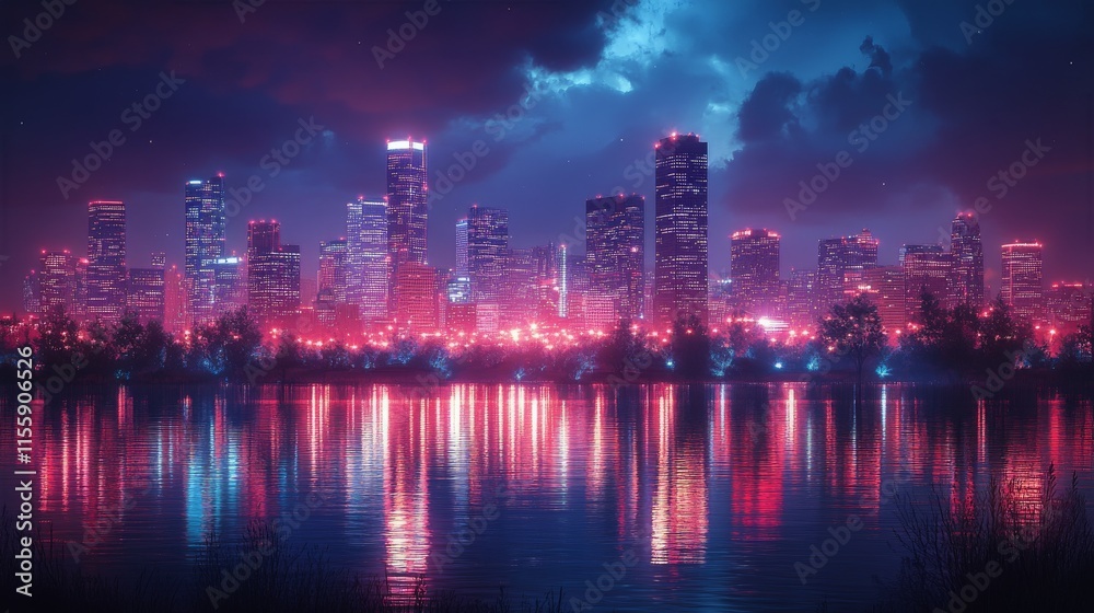 Houston skyline illuminated at dusk with glowing city lights and vibrant colors Houston skyline illuminated at dusk with glowing city lights and vibrant colors