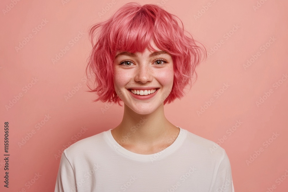 Happy Young Woman with Pink Hair Smiling Against Pink Background Happy Young Woman with Pink Hair Smiling Against Pink Background