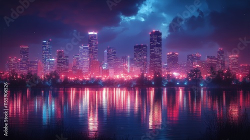 Houston skyline illuminated at dusk with glowing city lights and vibrant colors