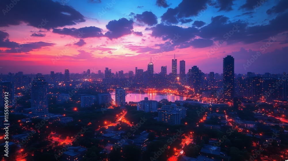 Fototapeta premium Houston skyline illuminated at dusk with glowing city lights and vibrant colors