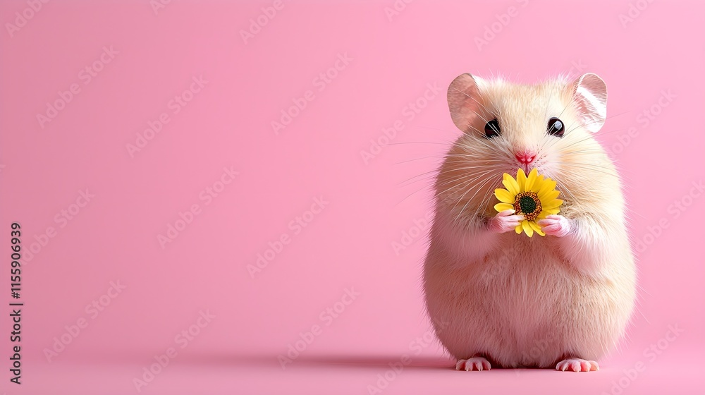 Cute Hamster Holding a Bright Yellow Flower Against Pink Background Cute Hamster Holding a Bright Yellow Flower Against Pink Background