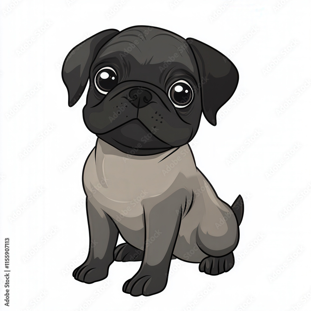 Fototapeta premium Cute cartoon illustration of a playful pug dog with big eyes, sitting happily, perfect for pet lovers and children’s book designs, vector art.