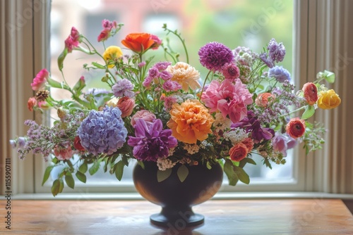 Colorful bouquet of fresh flowers in a glass vase on a sunny windowsill durin...