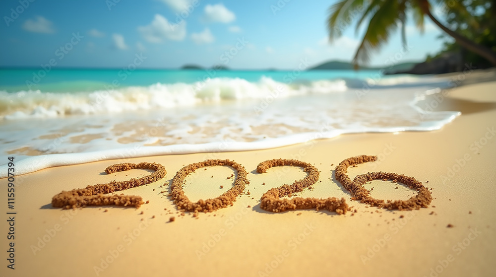 Beach sandy writing of the year 2026 near the ocean under a clear blue sky with gentle waves Beach sandy writing of the year 2026 near the ocean under a clear blue sky with gentle waves