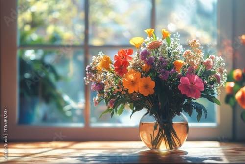 Colorful bouquet of fresh flowers in a glass vase on a sunny windowsill durin...