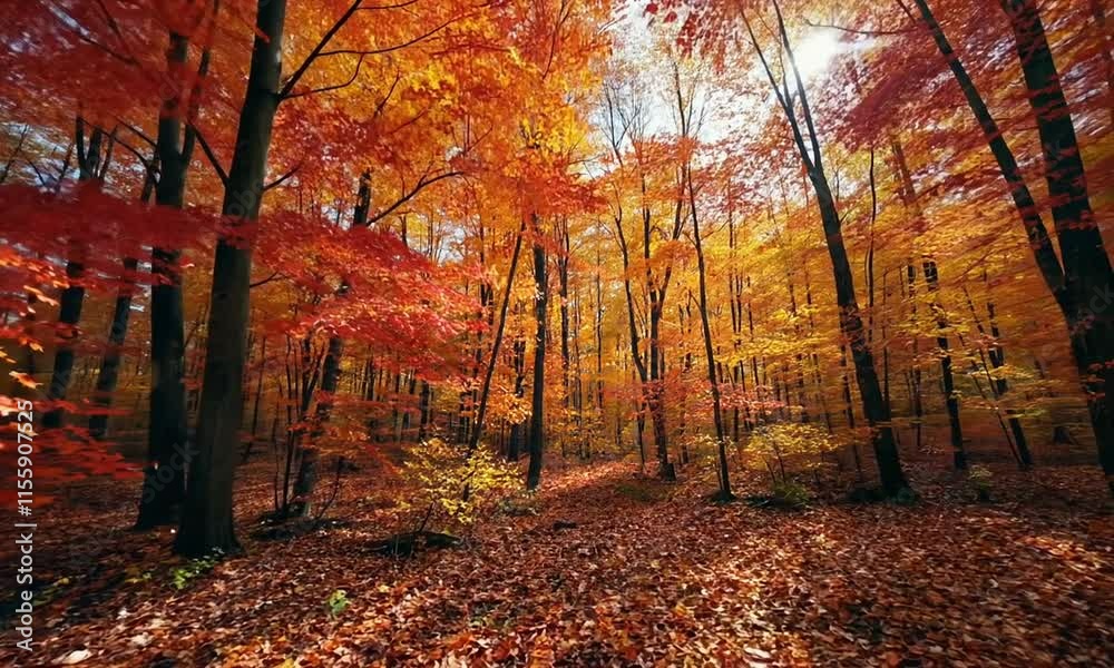 Autumn landscape in the forest with fallen leaves and lush trees with yellow and orange leaves Autumn landscape in the forest with fallen leaves and lush trees with yellow and orange leaves