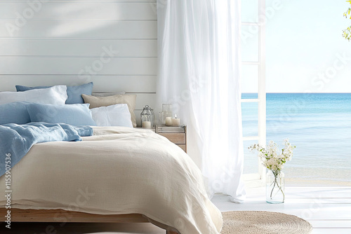 Ruhiges Schlafzimmer mit Meerblick und maritimen Details – Urlaub am Meer