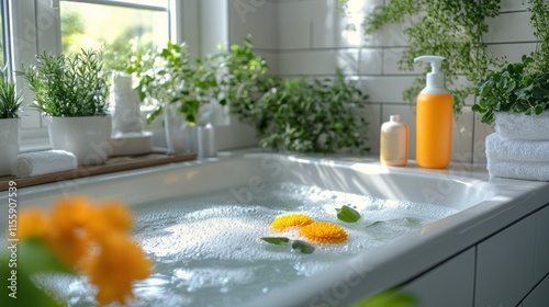 Relaxing bath with yellow towels and soothing products in a cozy bathroom set...