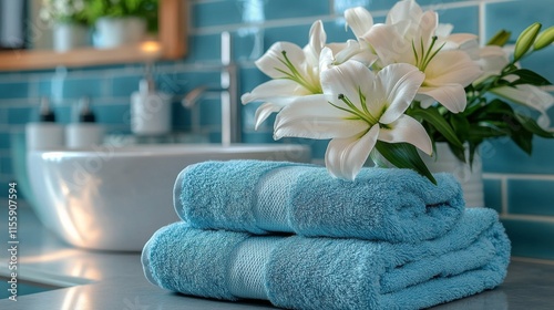 Clean white towels and fresh lilies arranged in a serene bathroom setting dur...