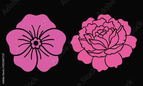 Pink Floral Vector Illustrations on Black Background, A bold vector set featuring two pink flower designs with intricate petal details displayed against a black background.
