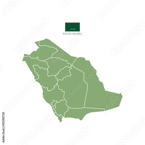 Green map of Saudi Arabia's territories, featuring states and borders. White flat design isolated on a white background. Highly detailed vector illustration.