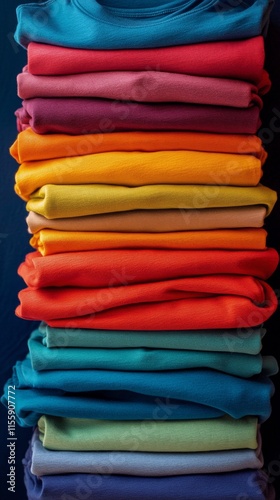 Colorful stack of folded clothes in a textile shop with crafting materials in...