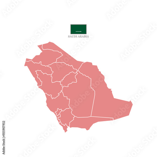 Red map of Saudi Arabia's territories, featuring states and borders. White flat design isolated on a white background. Highly detailed vector illustration.