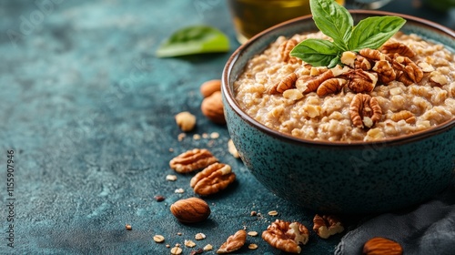 Delicious bowl of oatmeal topped with pecans and fresh basil on a textured ba...