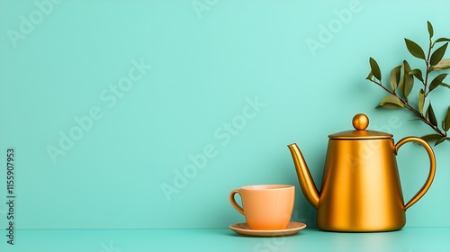Wallpaper Mural Gold Teapot and Orange Cup on Mint Background with Green Leaves Torontodigital.ca