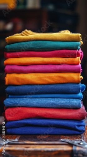 Colorful stack of folded clothes in a textile shop with crafting materials in...