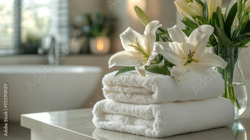 Clean white towels and fresh lilies arranged in a serene bathroom setting dur...