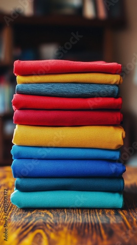 Colorful stack of folded clothes in a textile shop with crafting materials in...