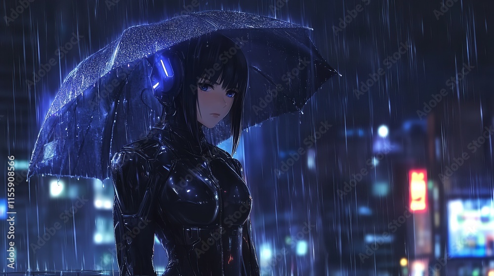 Fototapeta premium A confident anime girl standing on a rooftop during a rainy