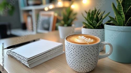Cozy workspace with flowers, coffee, and books bathed in natural light