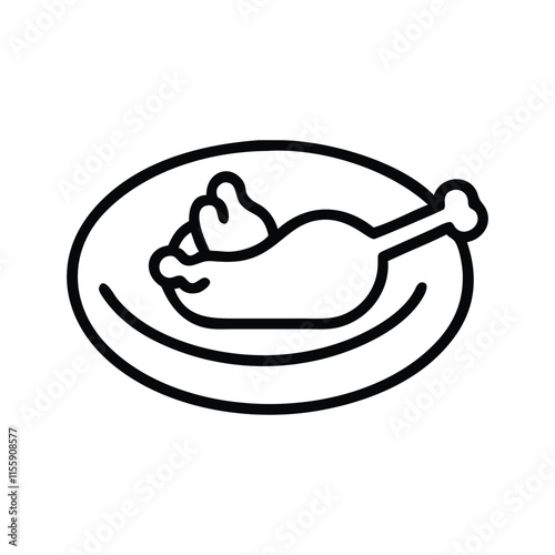 A simple and elegant line art vector illustration of a chicken drumstick placed on a plate, isolated on a white background. Perfect for food-related projects, restaurant menus, culinary branding, and  photo