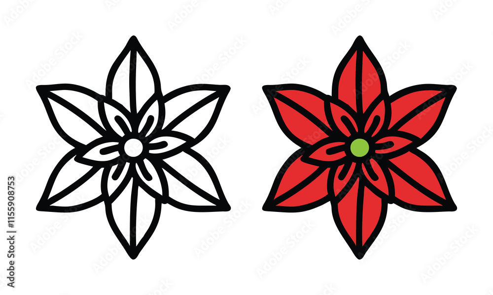 Poinsettia Flower Icons in Red and Outline, Vector illustrations of poinsettia flowers featuring a vibrant red version with green accents and a minimalist black-and-white outline style.
Poinsettia Flower Icons in Red and Outline, Vector illustrations of poinsettia flowers featuring a vibrant red version with green accents and a minimalist black-and-white outline style.