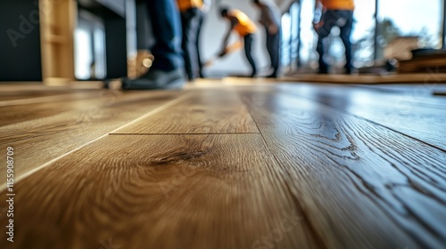 Construction workers installing new flooring in a bright room during sunset