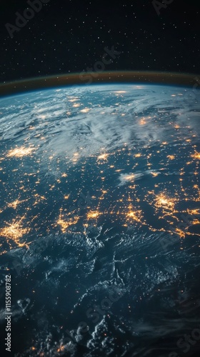 View of Earth from space showcasing city lights and cloud formations at night