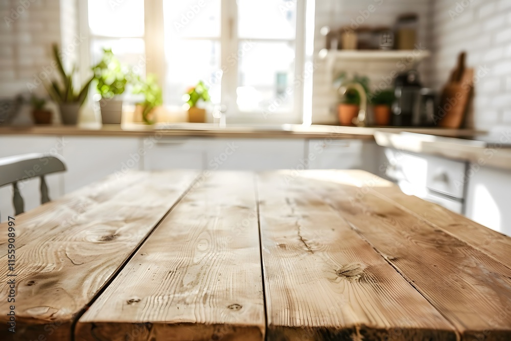Inviting Wooden Kitchen Table Surrounded by Plants and Bright Natural Light in a Cozy Modern Kitchen Setting for Your Stock Photo Collection